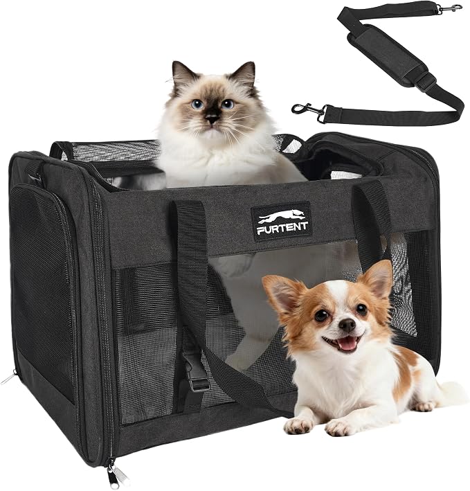 Soft Sided Cat Carrier for Large Cats, Pet Carrier for 2 Cats or Small Dogs Up to 25Lbs, Large Cat Carrier with Shoulder Strap, Cat Car Carrier with Safety Rope, Cat Carriers 20x13x13 inches, Black
