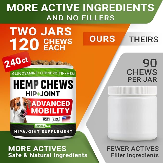 Large Breed Glucosamine Hemp Dog Joint Supplement - Hemp Chews for Dogs Hip Joint Pain Relief - Omega 3, Chondroitin, MSM - Advanced Mobility Hemp Oil Treats for Large Dogs - Made in USA - 360 Ct