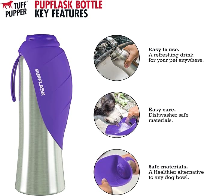 Tuff Pupper Dog Water Bottle Holder and PupFlask Portable Water Bottle - 40oz, Violet