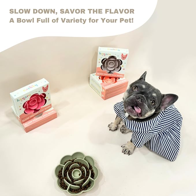 Hanara Sillicone Slow Feeder Dog Bowls & Lick Mat with Suction Bottom | Rose Petals Design | Promotes Better Digestion, Prevent Choking | Dish Washer Safe | Great Size for All Breed (Misty Gray)