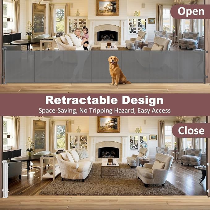 Reinforced 41 Inch Extra Tall Retractable Dog Gate 200" Extra Wide Retractable Baby Gate with Support Rods, Indoor Baby Fence for Living Room Outdoor Mesh Dog Gate Retractable Gates for Dogs, Gray