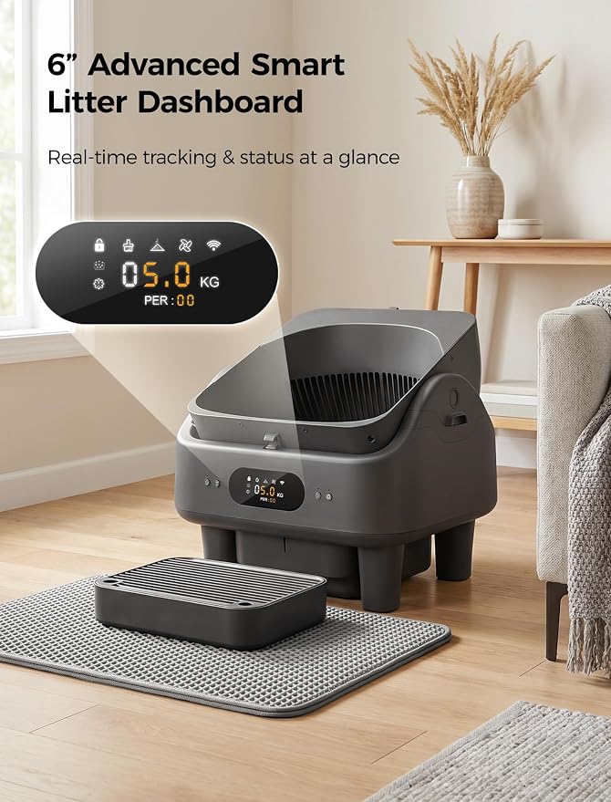 Automatic Litter Box, Cypcat Smart Self Cleaning Cat Litter Box Anti-Pinch, 10 Safety Sensors, Large Cat Litter Boxs for Multiple Cats, Dual 5G & 2.4G WiFi, 6" LED Display, Odor Control Robot, Grey