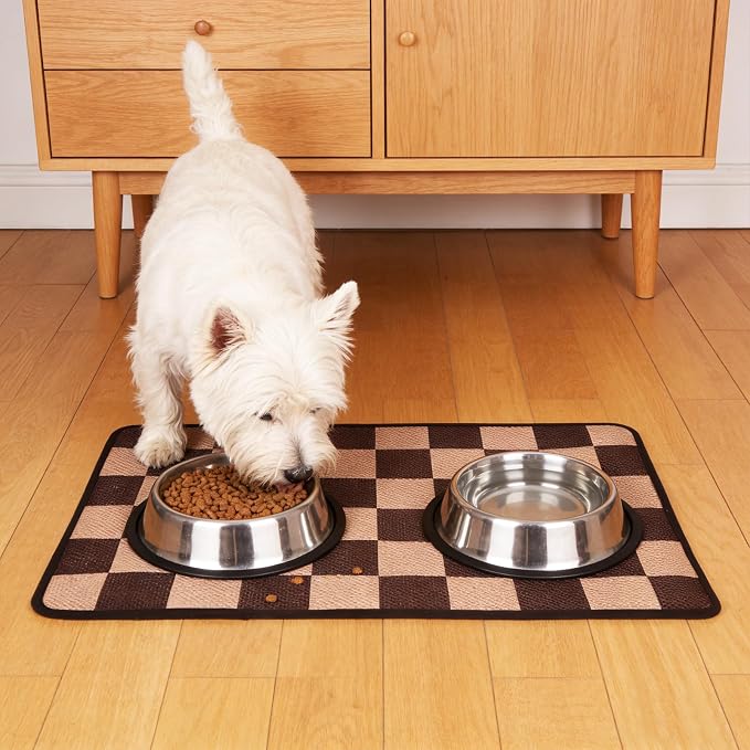 PUPTECK Dog Food Mat, Absorbent Pet Cat Feeding Mat for Food and Water Bowls, Anti-Slip Dog Placemat for Floors Waterproof, Pet Supplies Accessories, Brown & Khaki Checkered M