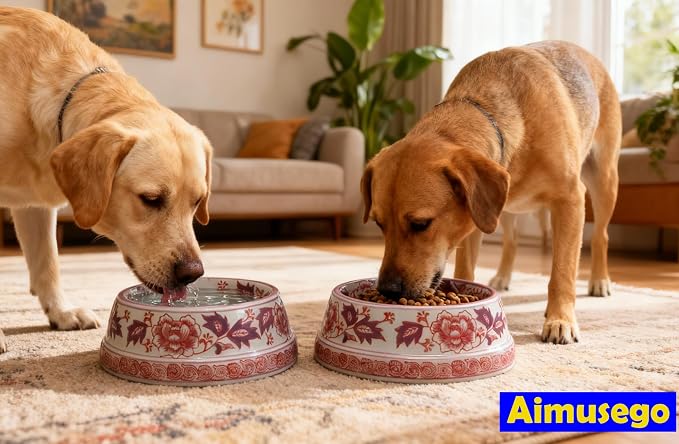 Aimusego 25 FL OZ / 3.2 Cups Handpainted Ceramic Dog Bowl, Purple and White Chinoiserie Floral Vintage Cute Heavy Duty Non-Slip Pet Feeding Dish for Medium Dogs-Dishwasher, Microwave Safe