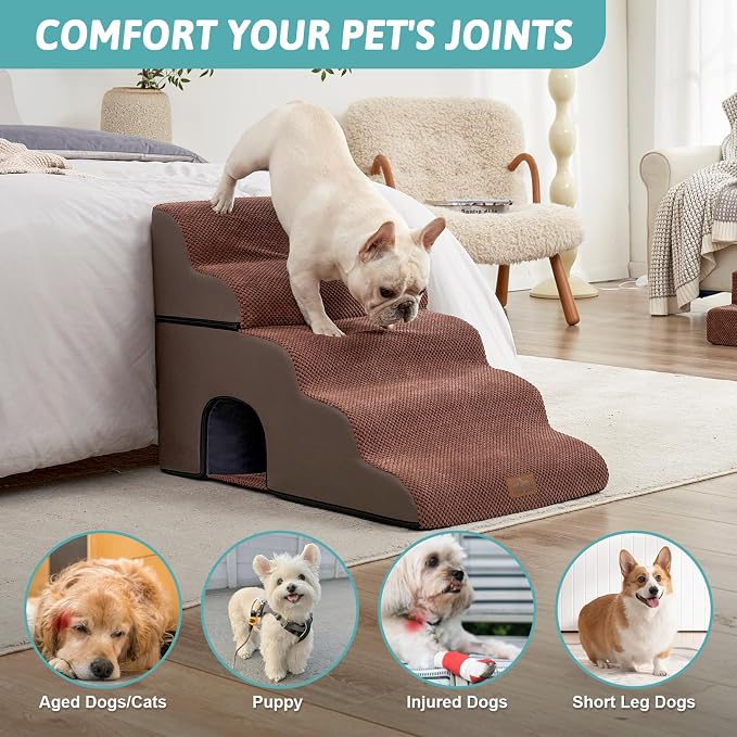 COZY KISS Wide Dog Stairs with Tunnel, Foam Detachable Large Dog Step for Small Pet, Puppy or Cats, Medium Pet Ramp for High Bed, Couch, Sofa or Car, 19.7x33x22.4 inch, 5 Step, Brown