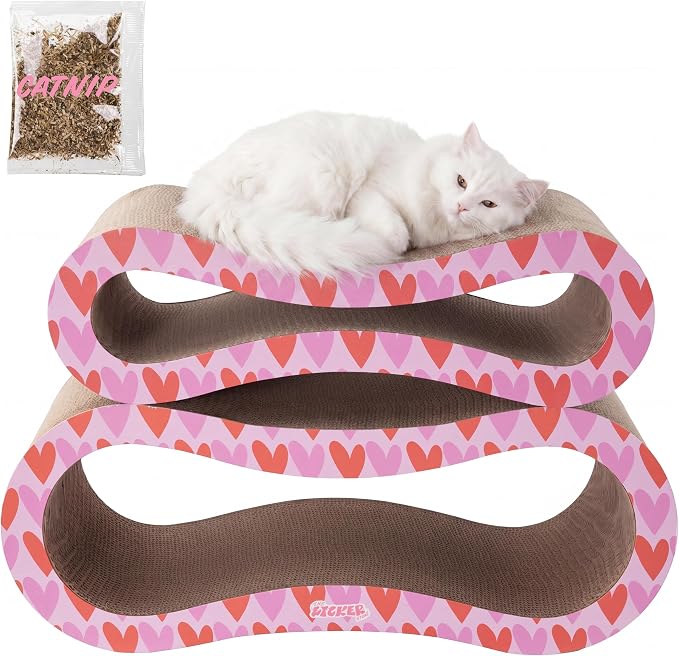 Suvi 26" Modern Cardboard Infinity 2-in-1 Lounge Bed Cat Scratcher with Catnip, Red Hearts, Corrugated Scratching Surface and Tunnel for Indoor Cats CSR1014H