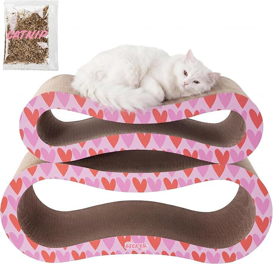 Suvi 26" Modern Cardboard Infinity 2-in-1 Lounge Bed Cat Scratcher with Catnip, Red Hearts, Corrugated Scratching Surface and Tunnel for Indoor Cats CSR1014H
