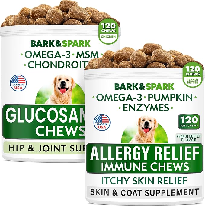 Allergy Relief + Glucosamine Dog Treats Bundle - Itchy Skin Relief + Joint Pain Relief - Omega 3 + Pumpkin, Enzymes + Chondroitin, MSM - Seasonal Allergies + Hip & Joint Care - 240 Chews - Made in USA