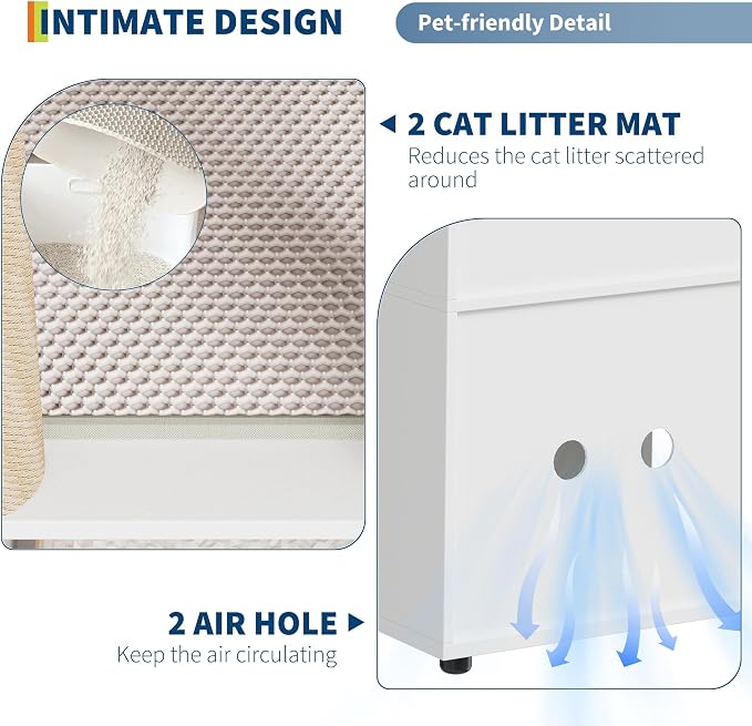 2 Tier Cat Washroom,Modern Farmhouse Double Cat Litter Box Enclosure Furniture,Hidden Cabinet with 2 Scratch Mats & Post, Multi-Functional End Side Table for 2 Cats, Odor-Control Wooden Washroom Cabin