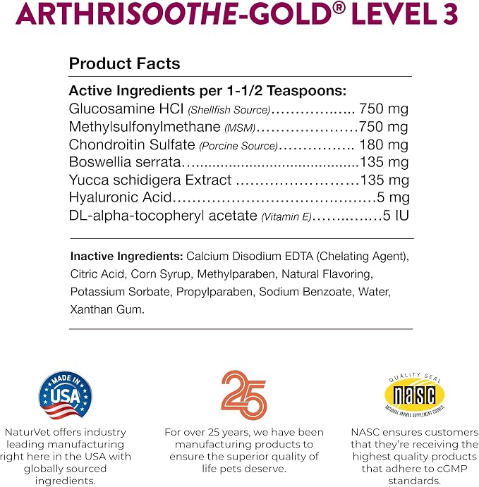 NaturVet – ArthriSoothe-Gold Advanced Care Liquid | Level 3 Advanced Joint Care | Supports Healthy Hip & Joint Function | Enhanced with Glucosamine, MSM & Chondroitin | For Dogs & Cats | 16 oz Liquid