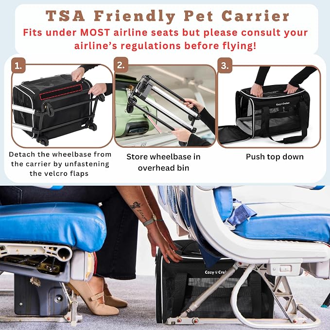 Airline Approved Top-Expanding Pet Carrier on Wheels- Extra Spacious Soft Lined Carrier! 18x11x11 (Mesh Sides)