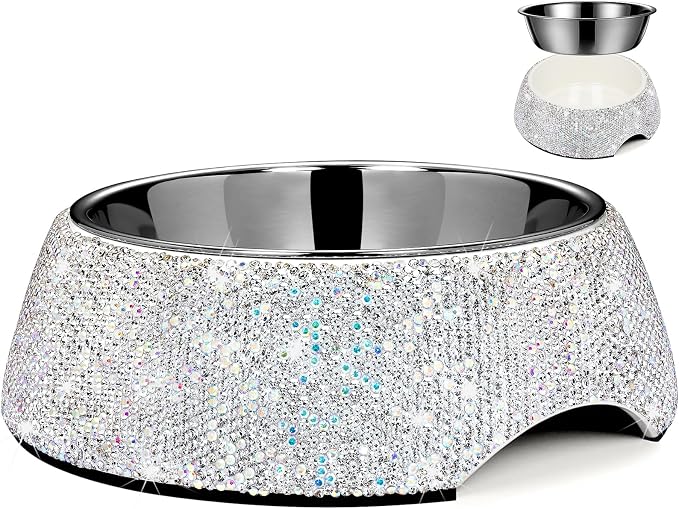SlowVibes Bling Stainless Steel Dog Bowls,12oz Detachable Rhinestone Metal Food Water Bowl for Feeding Dogs Cats,Rust Resistant Non-Slip Puppy Dish,Sparkle Essentials for Small Medium Large Girl Pets