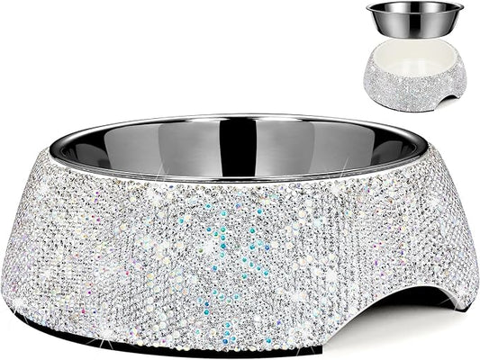 SlowVibes Bling Stainless Steel Dog Bowls,12oz Detachable Rhinestone Metal Food Water Bowl for Feeding Dogs Cats,Rust Resistant Non-Slip Puppy Dish,Sparkle Essentials for Small Medium Large Girl Pets