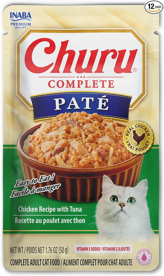 INABA Churu Complete Pate for Cats, Grain-Free, High Protein & Moisture, Wet Cat Food with Fish Oil, 1.76oz. Pouch, 12 Pouches, Chicken with Tuna Recipe