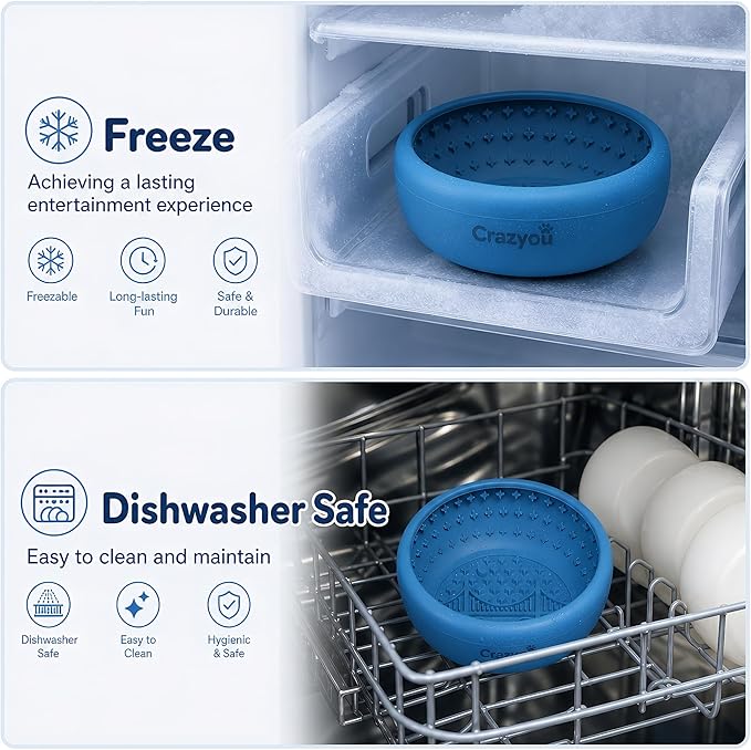 Dog Lick Bowl with Bone Chew Toy, BPA Free Silicone Lick Mat for Dogs, Slow Feeder Dog Bowl with Strong Suction, Dog Freezer Bowl for Anxiety Relief, Paw Calm, Dishwasher (Blue, L)