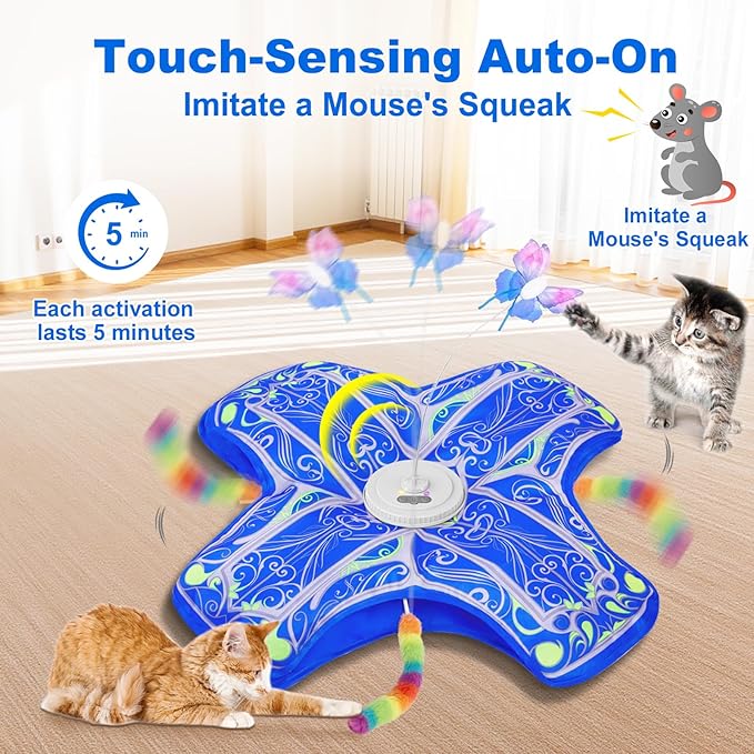 Interactive Hide and Seek Cat Toy with Blue Cover + 3 Plush Tail Wand Replacements