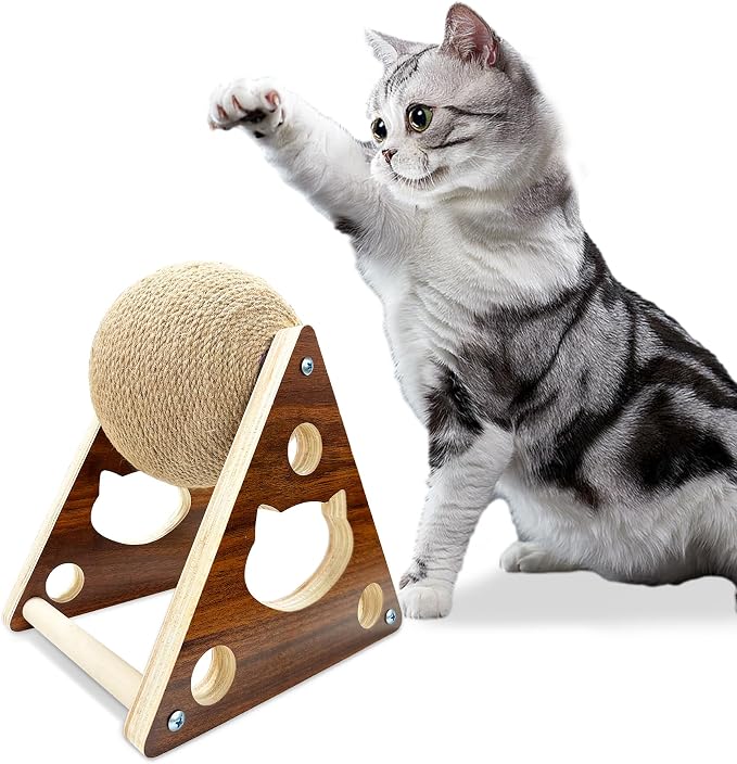 Cat Scratcher Toy,Natural Sisal Rope Cat Scratching Ball Scratcher Toy with Ball for Cats& Kittens&Dogs&Puppy, Interactive Solid Wood Scratcher Pet Toy (Medium)
