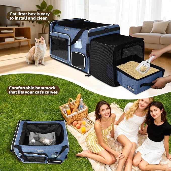 Petskd Side Expandable Extra Large Cat Car Carrier with Collapsible Litter Box for Long Distance Travel,24"x17"x17" Portable Soft Sided Pet Carrier with Roller Shades for 2 Cats Up to 55LBS(Blue)