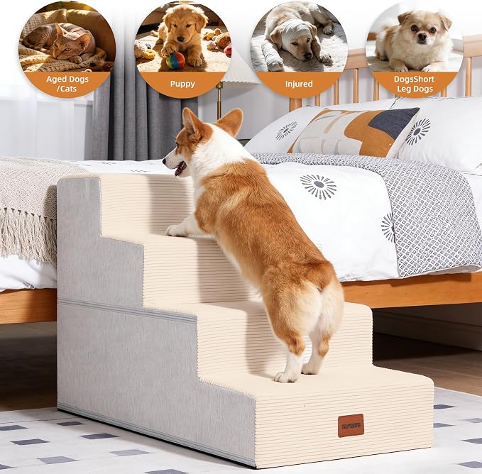 Dog Stairs for Small Dogs, 18" H, 4-Step Pet Steps for Bed Couch Sofa and Chair, Non-Slip Balanced Pet Ramp for Injured & Senior Pets with Washable Cover and Durable High Density Foam,Beige