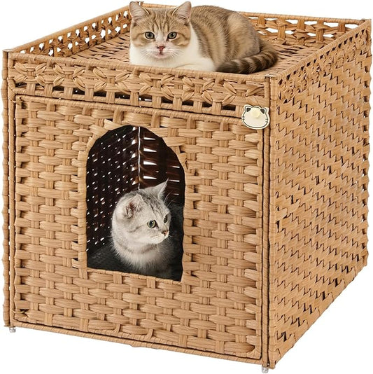 SETVSON Cat Litter Box Enclosure Furniture, Large Hidden Litter Box Furniture, Handwoven Rattan Cat House Cabinet, One Mat, Two S-Shaped Hooks, Living Room, Apartment 21.6 X 26 X 21.6 Inches, Natural