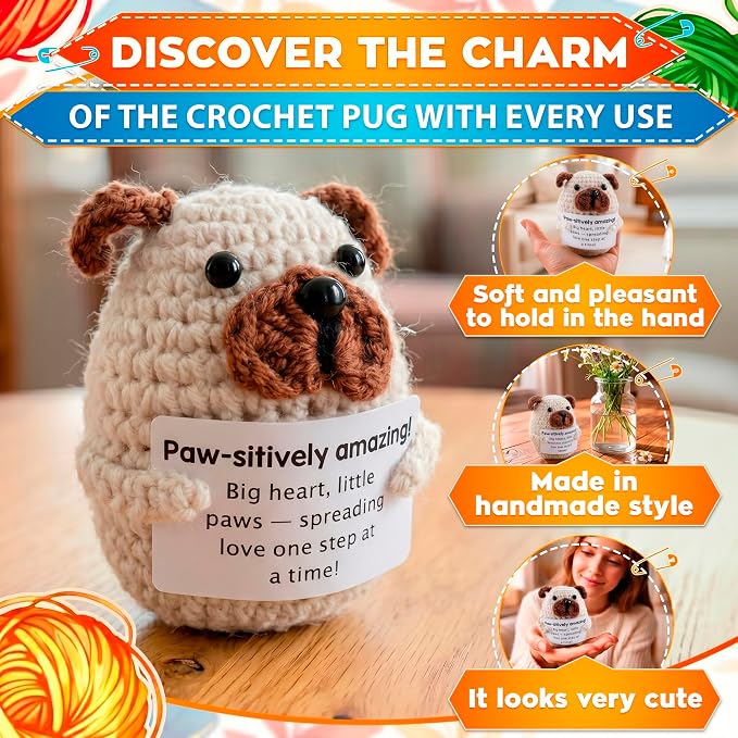 Reluen Crochet Dog, Big Heart Little Paws Handmade Puppy Crochet Animal with Inspirational Affirmation Card, Cute Crochet Desk Buddy Decor Gift for Dog Lovers Women Men Mom Daughter Friend Coworker