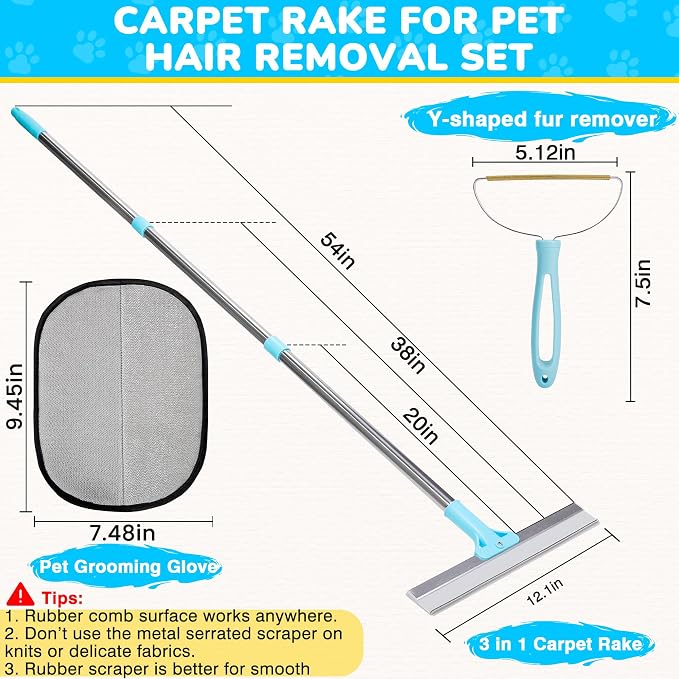 vorona Carpet Rake for Pet Hair Removal, 3 in 1 Pet Hair Removal Broom Tool with 54" Adjustable Long Handle, Reusable Dog & Cat Carpet Scraper,Pet Hair Remover for Rugs, Mats, Curtains, Couch