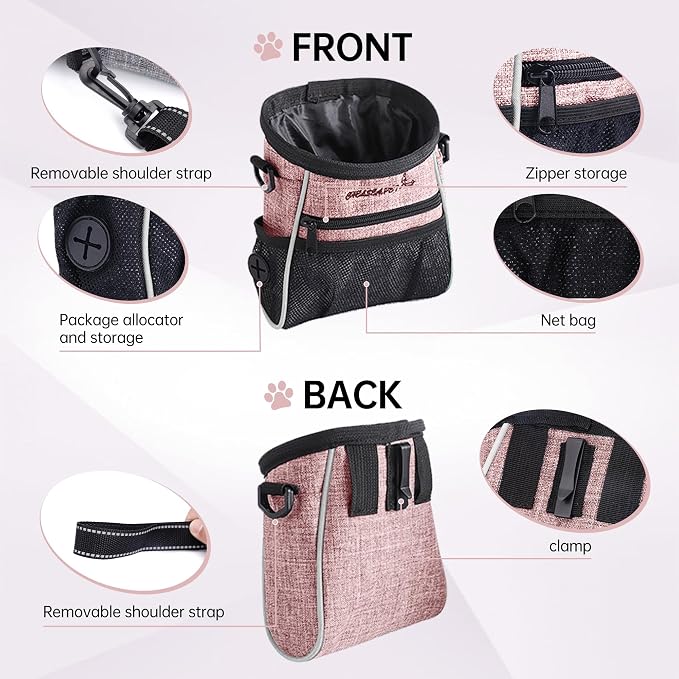 Dog Treat Pouches Training Walking Bag, Dog Training and Behavior Aids, Large Space for Pets Food, Durable Polyester Fabric, 3 Ways to Wear, Portable Pet Bagand Easy to Clean (Pink)