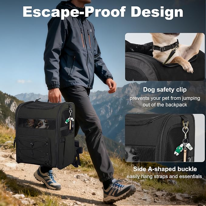 Dog Carrier Backpack for Small Dogs - Breathable Mesh Hiking Bag with Safety Buckle, Adjustable Straps and Standard Pad - Durable for Hiking (Fits Small Cats Too, Up to 17lbs, Black)