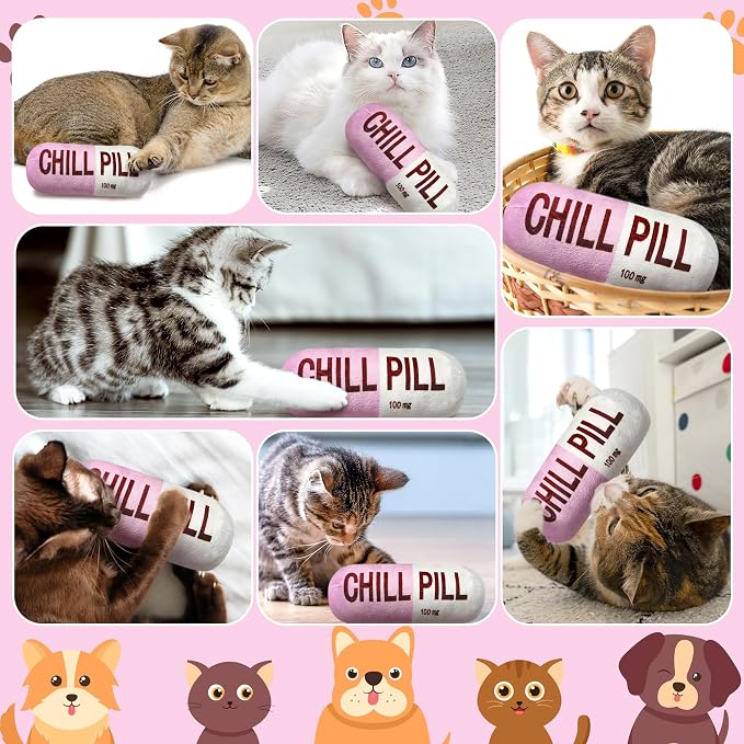 CUweipeng Funny Dog Squeaky Toy - Pink Chill Pill Capsule Shaped Teething Squeak Plush Pet Toy Bite Kick Indoor Interactive Training Play Supply for Small Dog Cat Present Pet Lover Gift Photo Props