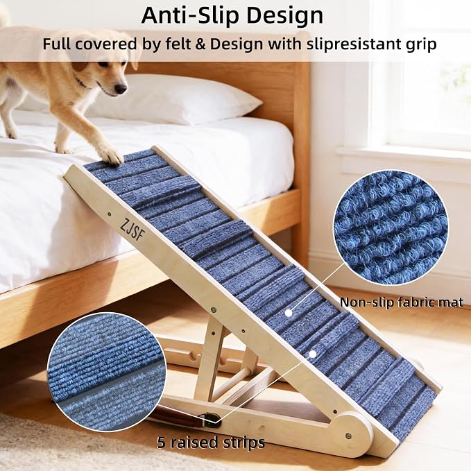 ZJSF Foldable Dog Ramp for High Bed, Wooden Dog Stairs to Bed for Small and Large Dogs, High Traction Platform with 4 Adjustable Heights (14.7"-20"), 32" L, Supports up to 200 lbs