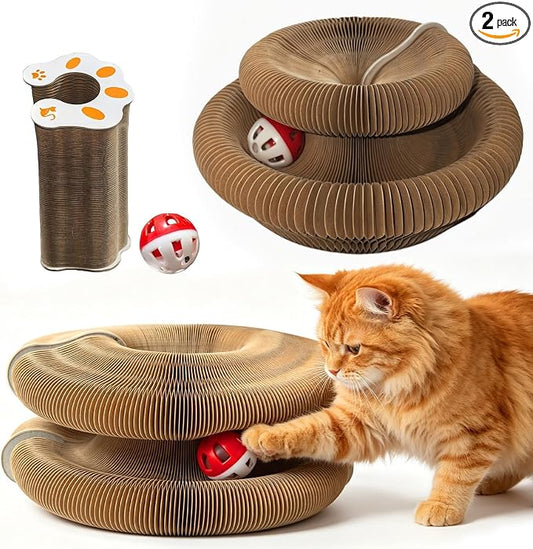2-Pack Magic Organ Cat Toy | Kitty Curls Cat Toy | Reversible Cat Scratcher Pad with Bell Balls, Corrugated Cardboard Scratching Board for Indoor Cats, Furniture Protection