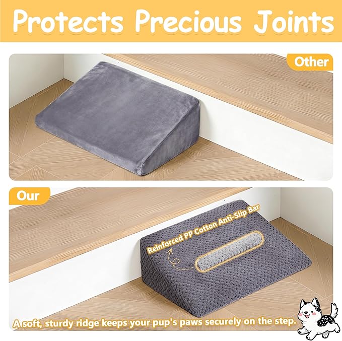 3 Pack Dog Ramp for Stairs with Contrast Color Anti-Slip Strip – Stair Wedges for Small & Senior Dogs and Cats, Gentle Slope Pet Steps with Washable Cover & Self-Sticky Pads