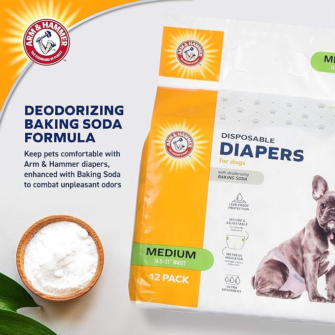 Arm & Hammer for Pets Disposable Female Dog Diapers with Odor Control and Wetness Indicator, Leak Resistant Dog Diapers for Incontinence and Heat Cycles, Size Medium 16.5–21 in Waist, 12 Count