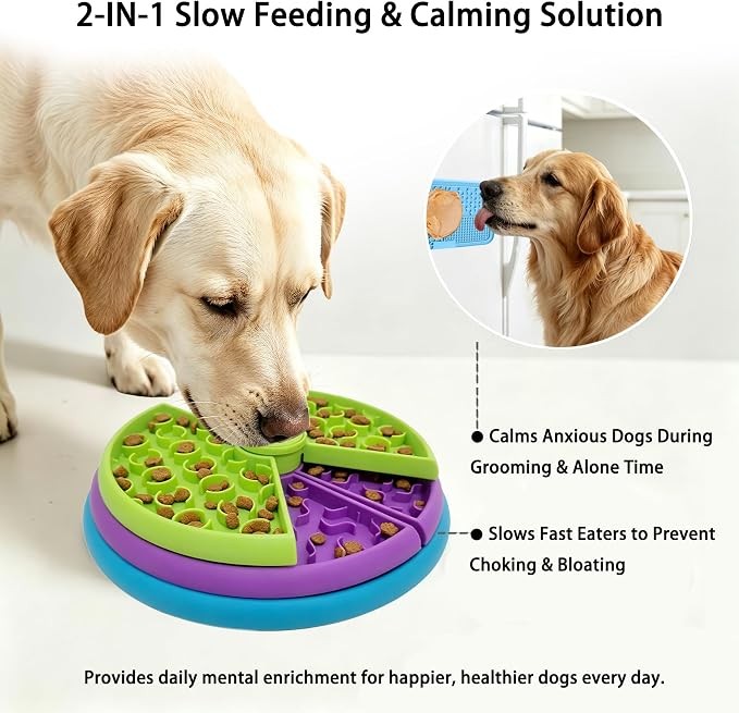 3-Level Slow Feeder Dog Bowl, Rotating Maze + Calming Lick Mat | 2-in-1: slow feeder slows 10x, reduces boredom; calming lick mat sticks to wall for alone/travel. With spatula/brush,BPA-free