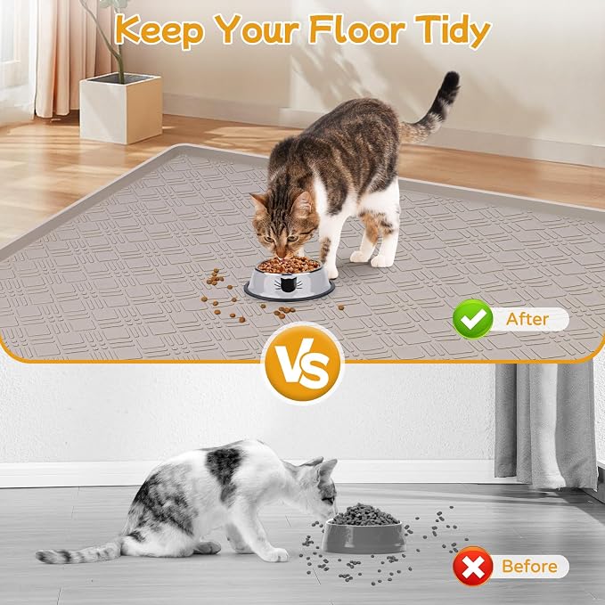 Cat Food Mat, 42" x 29" Large Silicone Mat Cat Feeding Mat with Raised Edge Non-Slip Pet Feeding Mat for Food and Water Bowl, Easy to Clean, Floor Protection (Beige)