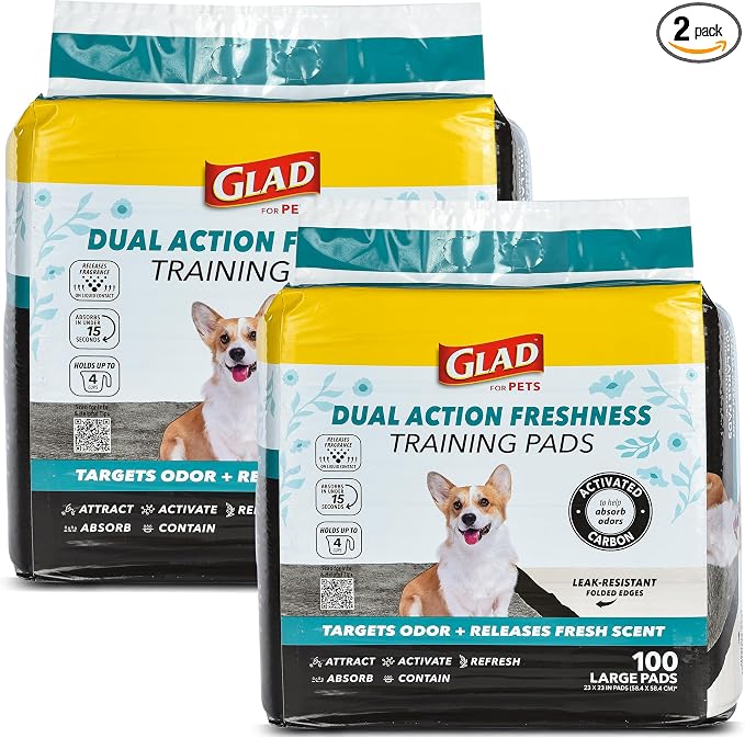 Glad for Pets Dual Action Freshness Activated Carbon Puppy Pads, Fragrance Release, Scented Odor Control, 6-Layer Leak-Proof, Pheromone Attractant, 23 x 23 Inch, 100 Count - 2 Pack