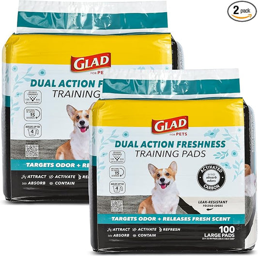 Glad for Pets Dual Action Freshness Activated Carbon Puppy Pads, Fragrance Release, Scented Odor Control, 6-Layer Leak-Proof, Pheromone Attractant, 23 x 23 Inch, 100 Count - 2 Pack