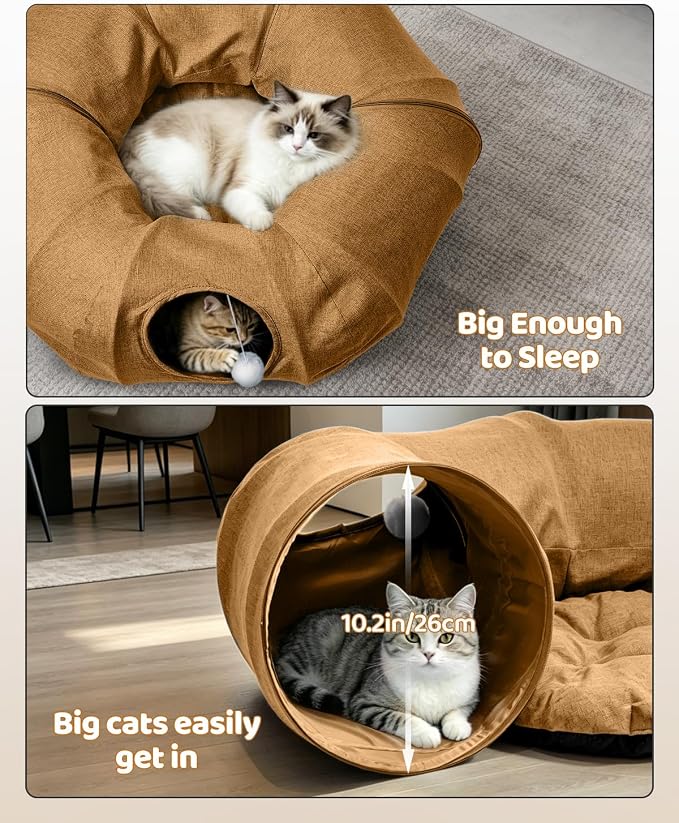 Odoland Cat Tunnels Bed for Indoor Cat with Interactive Cat Toys, Cat Tube with Washable Cushion for Small Large Cats, Round Pet Peekaboo Cave for Kitten, Adult Cats and Rabbit
