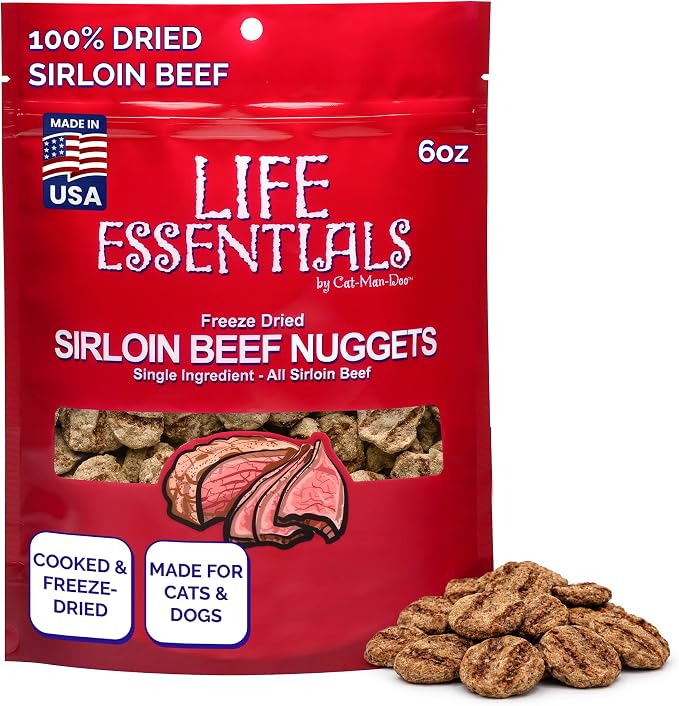 Life Essentials by Cat-Man-Doo | Sirloin Beef Nuggets - 6oz. Bag | Cooked & Freeze Dried Beef for Cat & Dog Treats | Healthy, Single Ingredient, Training Treats, High Protein