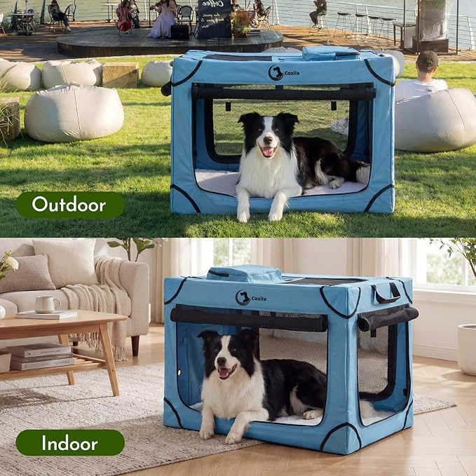Portable Collapsible Dog Crate for Large Dogs, 4 Mesh Doors & 2 Storage Bags, Indoor Outdoor Travel Dog Kennel, Blue, 36" x 25" x 25"