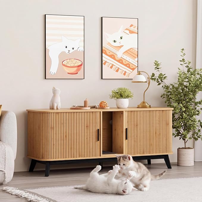 Garvee Cat Litter Box Enclosure for 2 Cats, 59" Hidden Litter Boxes Furniture with Sliding Door and Cat Litter Mat, Large Indoor Pet House, Wooden TV Stand Side Table, Natural Wood Color