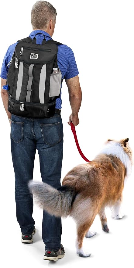 Mobile Dog Gear, Dog Travel Bag, Drop Bottom Week Away Backpack for Medium and Large Dogs, Includes 2 Lined Food Carriers and 2 Collapsible Dog Bowls, Black