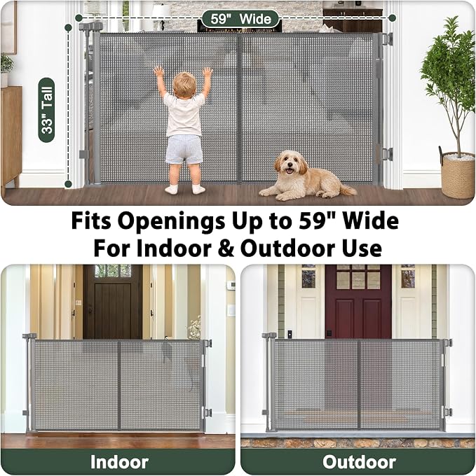 KISKIZ 59 Inch Wide Retractable Gate, Reinforced Retractable Dog Gate with Support Rods to Prevent Crawling Through, 5 FT Retractable Baby Gate for Stairs, Doorways, Hallways, Indoor/Outdoor, Gray