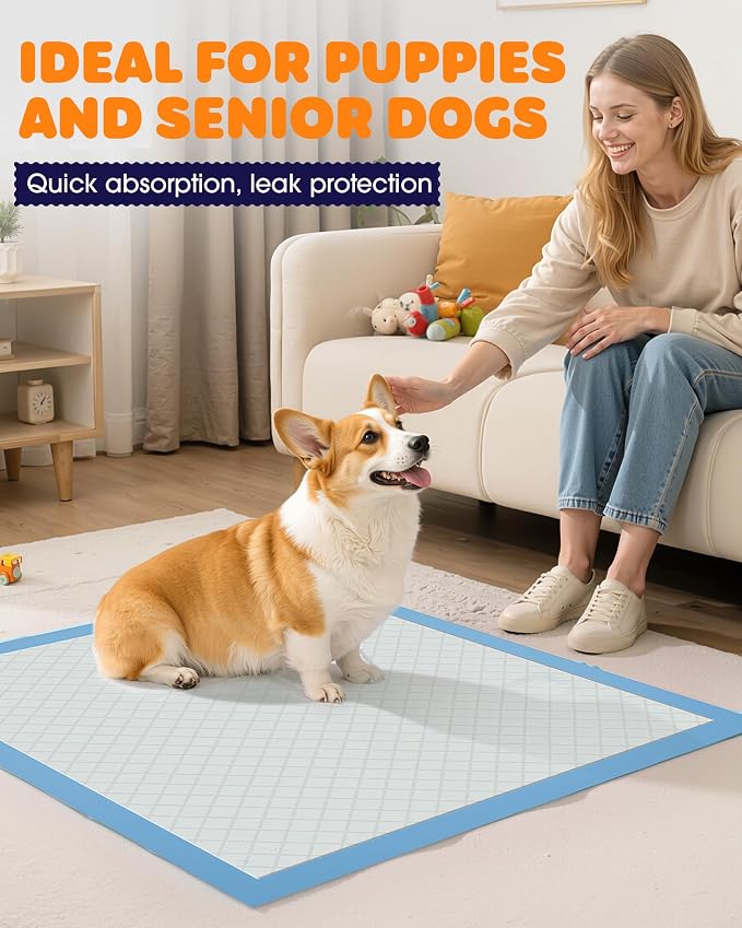 Powools Puppy Pads - Super Absorbent & Spill-Proof Pee Pads for Dogs with 6-Layer Material, Quick-Dry & Hassle-Free Potty Pads for Floors, Furniture, Vehicle, 22" × 22", 100 Packs