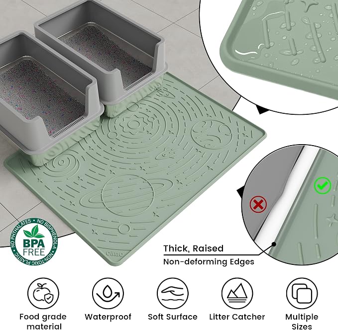 OHMO Cat Litter Mat Large Litter Box Mat, 31.5x23.6 Sage Green, Premium BPA-Free Silicone Rubber Kitty Litter Mat for Litter Box, High Edge Scatter Control Non-Slip Waterproof Litter Trapping Mat