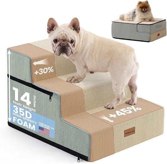 Gardner Pet Dog Stairs for Small Dogs 14" H, 3-Step Extra Wide Dog Steps for Bed, Pet Stairs for Bed and Couch with Durable Non-Slip Waterproof Fabric Cover and Soft Foam, Beige