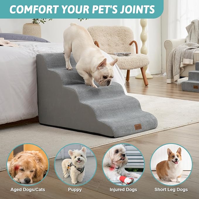 COZY KISS Wide Dog Stairs 19.7" Width, Pet Step for Small/Medium/Large Dog, Puppy or Cat, Pet Ramp for High Bed or Car, High Density Foam Ladder, 19.7x33x22.4 in, Stable, 5 Step, Grey