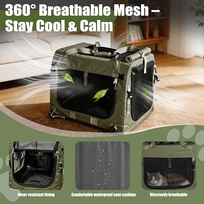 Extra Large Cat Carrier for Large Cats or 2 Small Cats - Soft-Sided Pet Carrier for Car Travel, Top Load, 4 Openings, Anti-Sag Iron Frame, Anti-Sagging pad, Zipper Lock Buckle, Foldable, Green