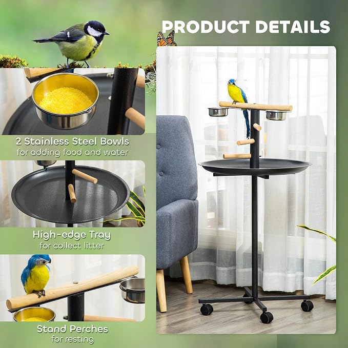 PawHut Bird Play Stand, Portable Parrot Perch, Bird Feeder Station, with Four Wheels, Stainless Steel Feeding Bowls, Round Tray, Grey