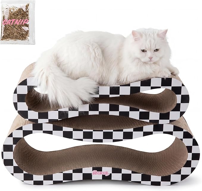 Suvi 26" Modern Cardboard Infinity 2-in-1 Lounge Bed Cat Scratcher with Catnip, Black/White Checker, Corrugated Scratching Surface and Tunnel CSR1014K